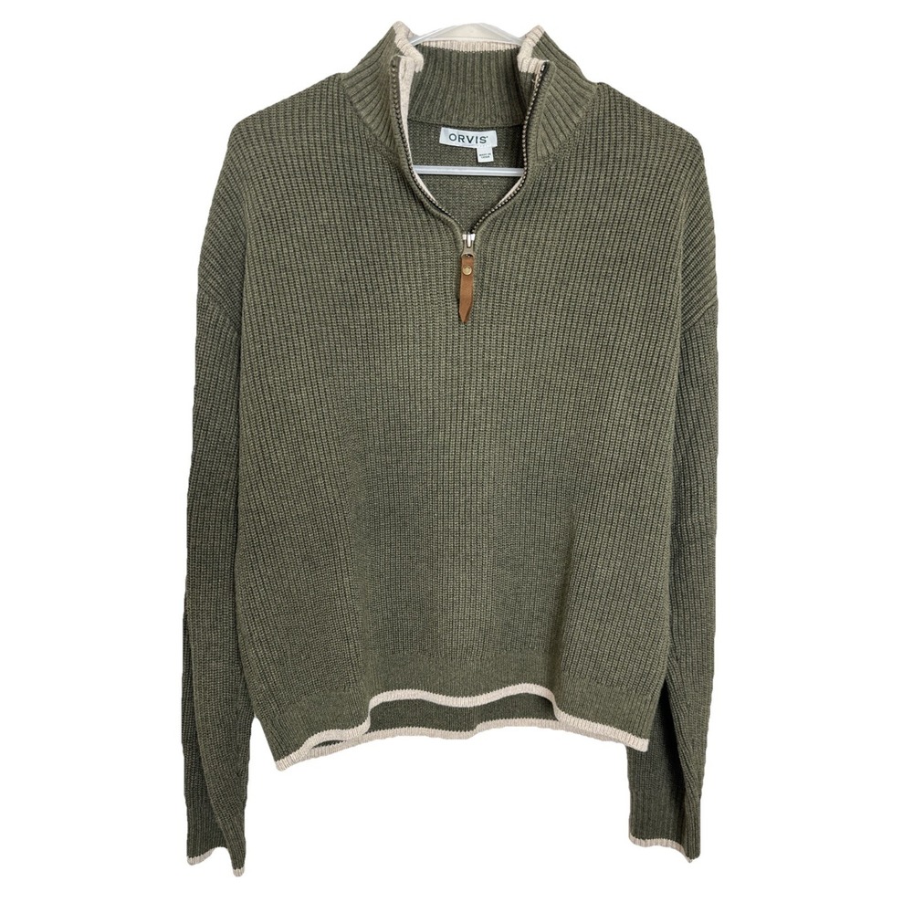 Orvis Olive Quarter Zip Cream Trim Wool viscose Rib Knit Pullover Sweater Size S